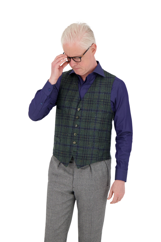 Waistcoat Leeds brown and blue Cashmere and Silk Royal Tweed check